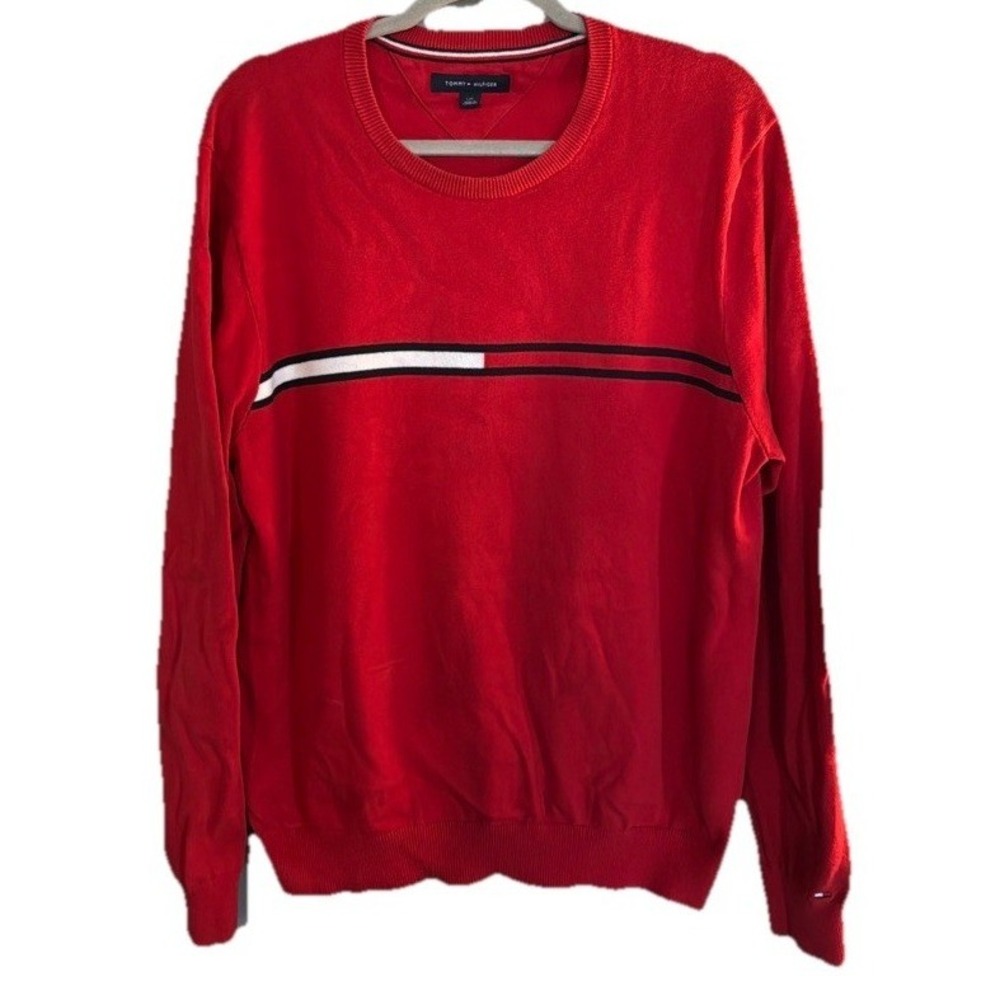 Tommy Hilfiger Red Crewneck Sweater Men's XL Flag Stripe Preppy Classic Pullover
